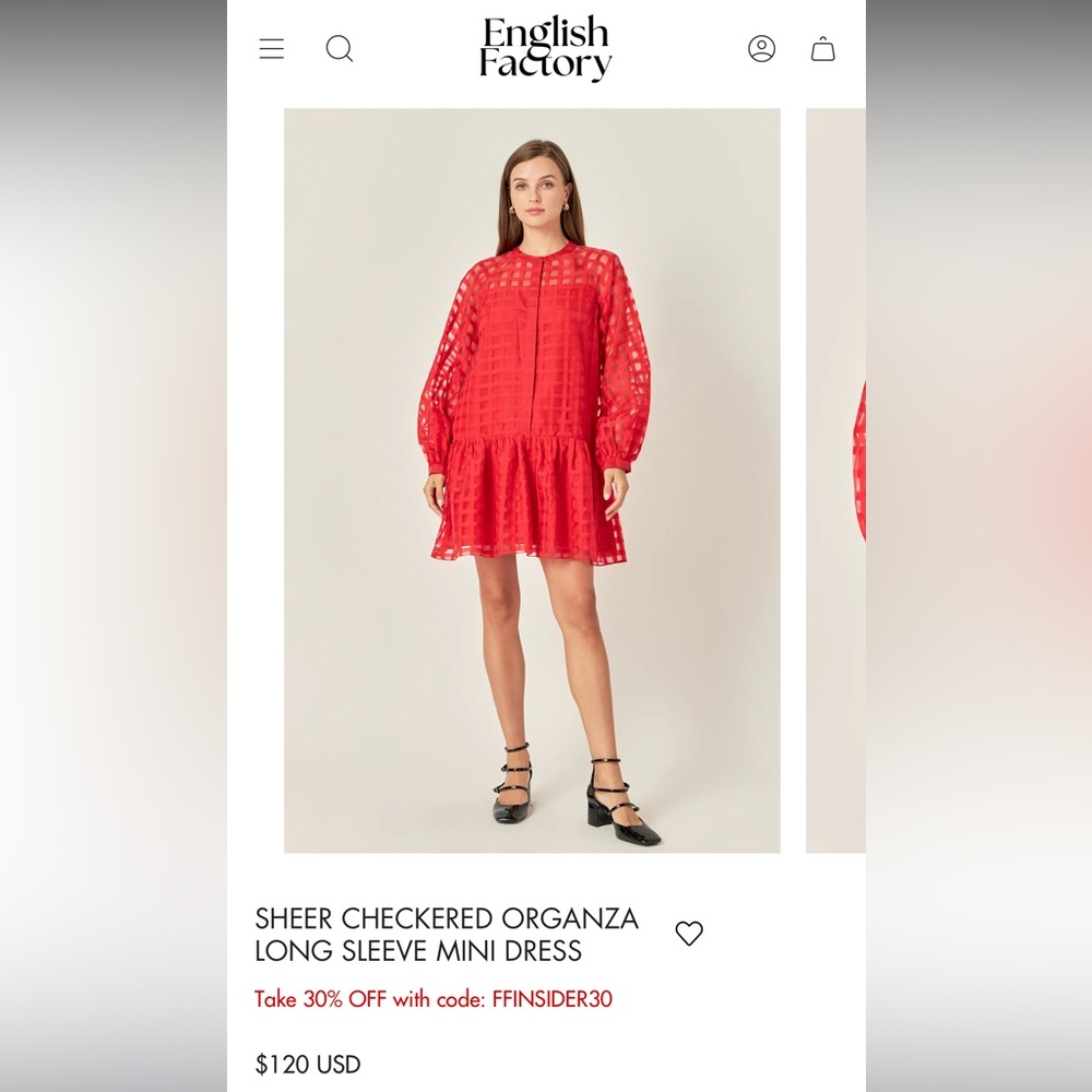 NWT English Factory SHEER CHECKERED ORGANZA LONG SLEEVE MINI DRESS